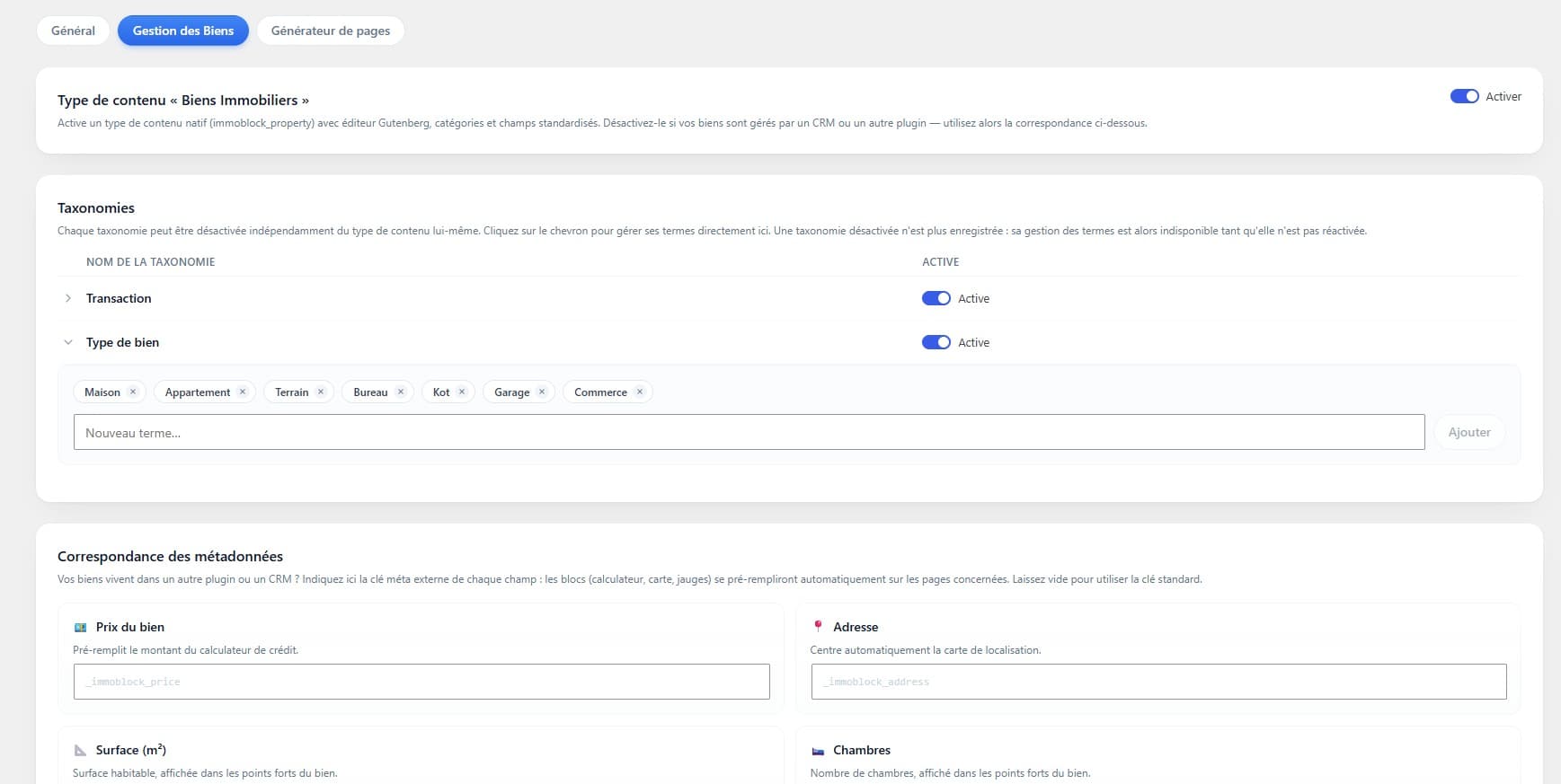 ImmoBlocks back-office — layout template for a property